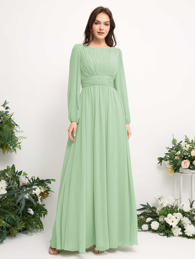 Carlyna Boat Neck Long Sleeve Chiffon Maxi Dress | Elegant A-Line Bridesmaid & Wedding Guest Dress Side View 2 #color_mint-green