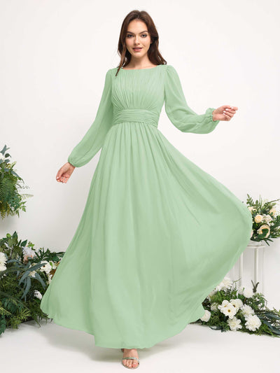 Carlyna Boat Neck Long Sleeve Chiffon Maxi Dress | Elegant A-Line Bridesmaid & Wedding Guest Dress Side View 3 #color_mint-green