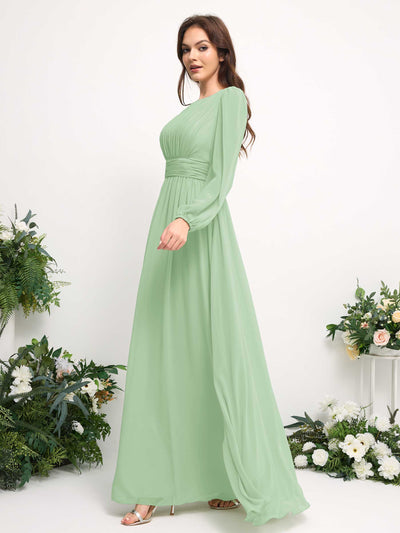 Carlyna Boat Neck Long Sleeve Chiffon Maxi Dress | Elegant A-Line Bridesmaid & Wedding Guest Dress Side View 4 #color_mint-green