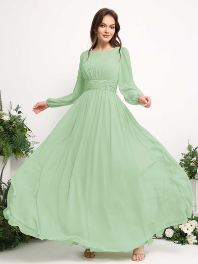 Carlyna Boat Neck Long Sleeve Chiffon Maxi Dress | Elegant A-Line Bridesmaid & Wedding Guest Dress Side View 5 #color_mint-green