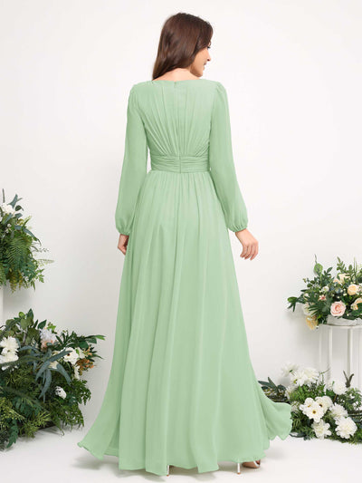 Carlyna Boat Neck Long Sleeve Chiffon Maxi Dress | Elegant A-Line Bridesmaid & Wedding Guest Dress Back View #color_mint-green