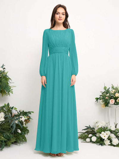 Carlyna Boat Neck Long Sleeve Chiffon Maxi Dress | Elegant A-Line Bridesmaid & Wedding Guest Dress Front View #color_turquoise
