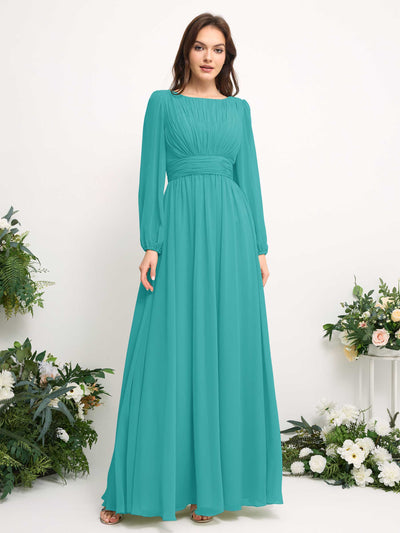 Carlyna Boat Neck Long Sleeve Chiffon Maxi Dress | Elegant A-Line Bridesmaid & Wedding Guest Dress Side View 2 #color_turquoise