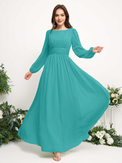 Carlyna Boat Neck Long Sleeve Chiffon Maxi Dress | Elegant A-Line Bridesmaid & Wedding Guest Dress Side View 3 #color_turquoise