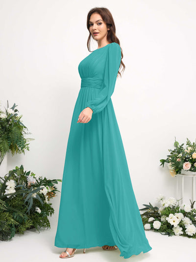 Carlyna Boat Neck Long Sleeve Chiffon Maxi Dress | Elegant A-Line Bridesmaid & Wedding Guest Dress Side View 4 #color_turquoise