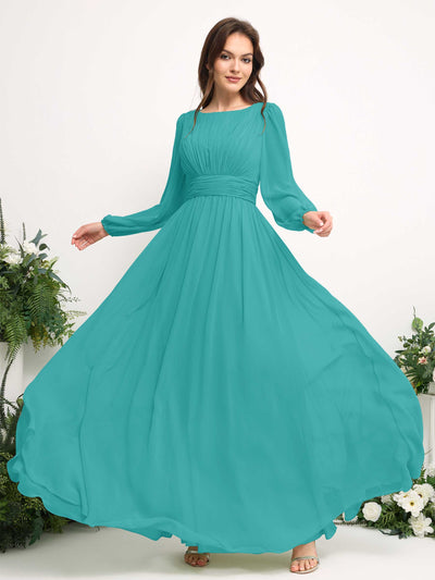Carlyna Boat Neck Long Sleeve Chiffon Maxi Dress | Elegant A-Line Bridesmaid & Wedding Guest Dress Side View 5 #color_turquoise