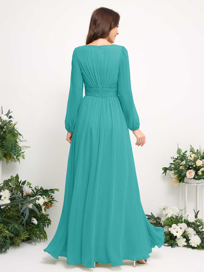 Carlyna Boat Neck Long Sleeve Chiffon Maxi Dress | Elegant A-Line Bridesmaid & Wedding Guest Dress Back View #color_turquoise