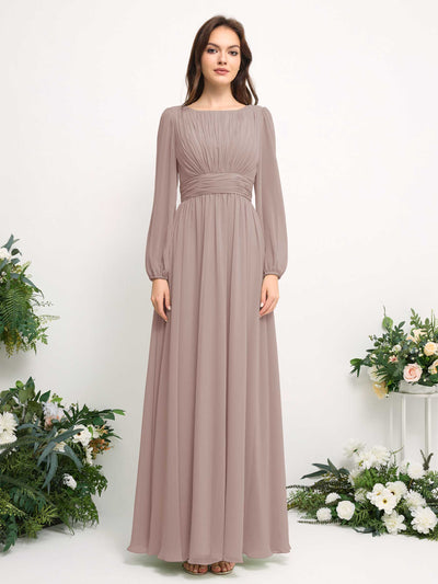 Carlyna Boat Neck Long Sleeve Chiffon Maxi Dress | Elegant A-Line Bridesmaid & Wedding Guest Dress Front View #color_taupe