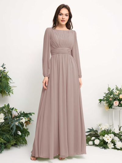Carlyna Boat Neck Long Sleeve Chiffon Maxi Dress | Elegant A-Line Bridesmaid & Wedding Guest Dress Side View 2 #color_taupe