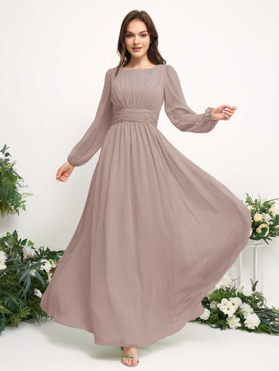 Carlyna Boat Neck Long Sleeve Chiffon Maxi Dress | Elegant A-Line Bridesmaid & Wedding Guest Dress Side View 3 #color_taupe