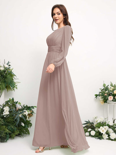Carlyna Boat Neck Long Sleeve Chiffon Maxi Dress | Elegant A-Line Bridesmaid & Wedding Guest Dress Side View 4 #color_taupe
