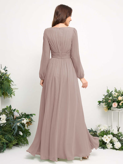 Carlyna Boat Neck Long Sleeve Chiffon Maxi Dress | Elegant A-Line Bridesmaid & Wedding Guest Dress Back View #color_taupe