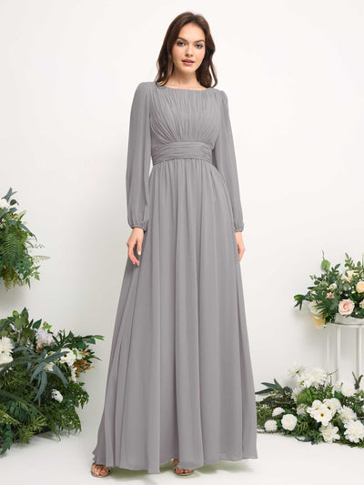 Carlyna Boat Neck Long Sleeve Chiffon Maxi Dress | Elegant A-Line Bridesmaid & Wedding Guest Dress Side View 2 #color_dove