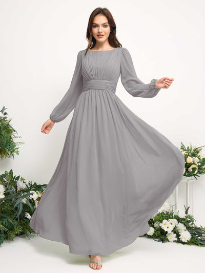 Carlyna Boat Neck Long Sleeve Chiffon Maxi Dress | Elegant A-Line Bridesmaid & Wedding Guest Dress Side View 3 #color_dove