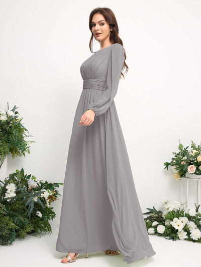 Carlyna Boat Neck Long Sleeve Chiffon Maxi Dress | Elegant A-Line Bridesmaid & Wedding Guest Dress Side View 4 #color_dove