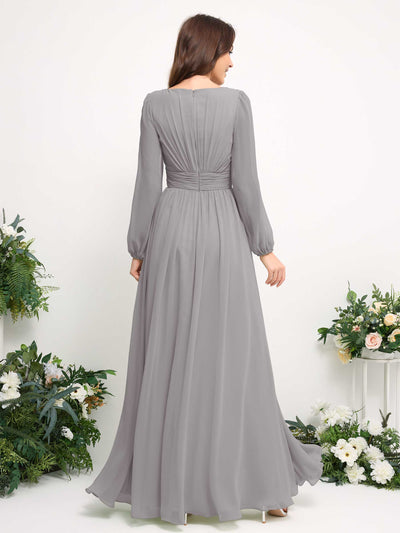 Carlyna Boat Neck Long Sleeve Chiffon Maxi Dress | Elegant A-Line Bridesmaid & Wedding Guest Dress Back View #color_dove