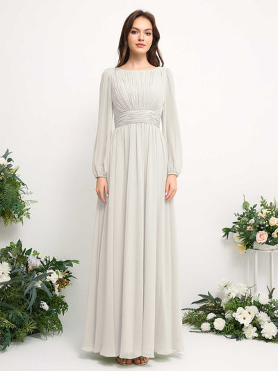 Carlyna Boat Neck Long Sleeve Chiffon Maxi Dress | Elegant A-Line Bridesmaid & Wedding Guest Dress Front View #color_ivory