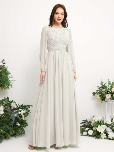 Carlyna Boat Neck Long Sleeve Chiffon Maxi Dress | Elegant A-Line Bridesmaid & Wedding Guest Dress Side View 2 #color_ivory