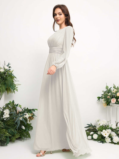 Carlyna Boat Neck Long Sleeve Chiffon Maxi Dress | Elegant A-Line Bridesmaid & Wedding Guest Dress Side View 4 #color_ivory