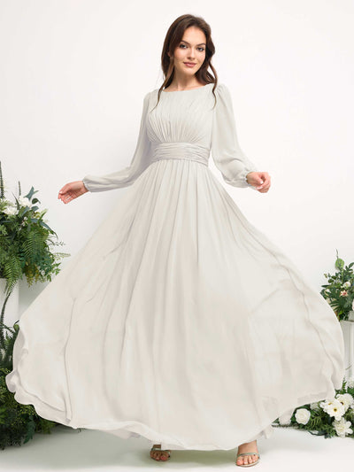 Carlyna Boat Neck Long Sleeve Chiffon Maxi Dress | Elegant A-Line Bridesmaid & Wedding Guest Dress Side View 5 #color_ivory
