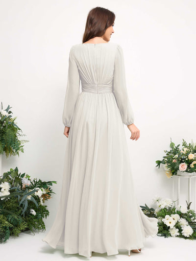 Carlyna Boat Neck Long Sleeve Chiffon Maxi Dress | Elegant A-Line Bridesmaid & Wedding Guest Dress Back View #color_ivory