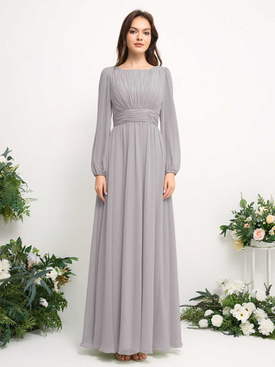 Carlyna Boat Neck Long Sleeve Chiffon Maxi Dress | Elegant A-Line Bridesmaid & Wedding Guest Dress Front View #color_silver