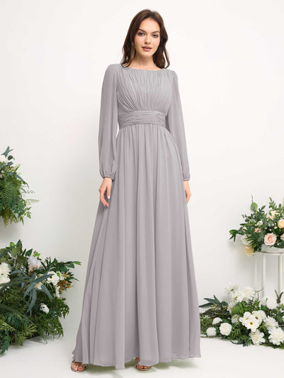 Carlyna Boat Neck Long Sleeve Chiffon Maxi Dress | Elegant A-Line Bridesmaid & Wedding Guest Dress Side View 2 #color_silver