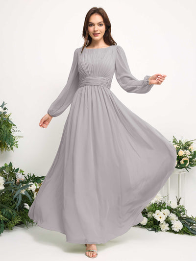 Carlyna Boat Neck Long Sleeve Chiffon Maxi Dress | Elegant A-Line Bridesmaid & Wedding Guest Dress Side View 3 #color_silver