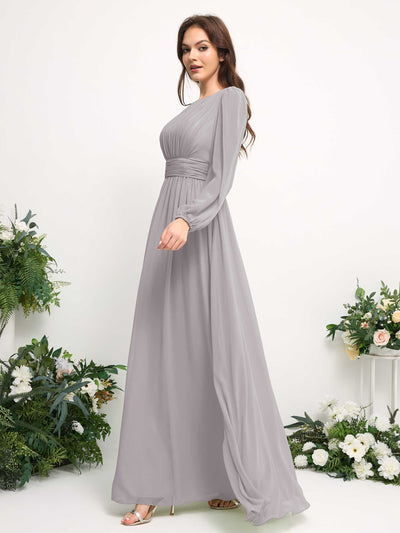 Carlyna Boat Neck Long Sleeve Chiffon Maxi Dress | Elegant A-Line Bridesmaid & Wedding Guest Dress Side View 4 #color_silver