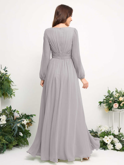 Carlyna Boat Neck Long Sleeve Chiffon Maxi Dress | Elegant A-Line Bridesmaid & Wedding Guest Dress Back View #color_silver