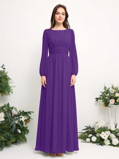 Carlyna Boat Neck Long Sleeve Chiffon Maxi Dress | Elegant A-Line Bridesmaid & Wedding Guest Dress Front View #color_regency