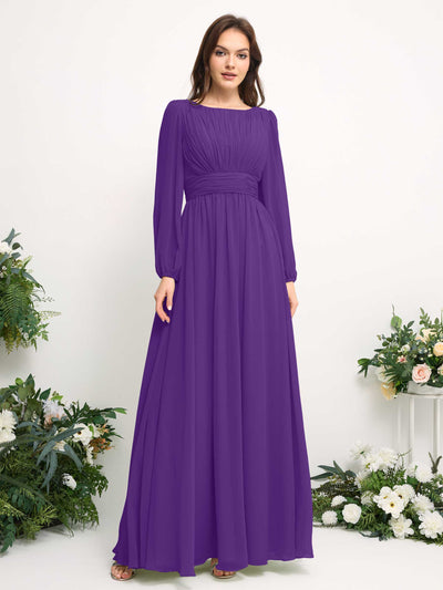 Carlyna Boat Neck Long Sleeve Chiffon Maxi Dress | Elegant A-Line Bridesmaid & Wedding Guest Dress Side View 2 #color_regency