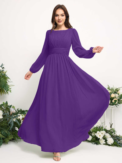 Carlyna Boat Neck Long Sleeve Chiffon Maxi Dress | Elegant A-Line Bridesmaid & Wedding Guest Dress Side View 3 #color_regency