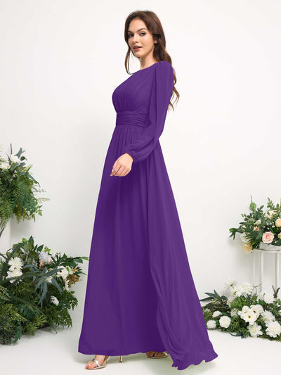 Carlyna Boat Neck Long Sleeve Chiffon Maxi Dress | Elegant A-Line Bridesmaid & Wedding Guest Dress Side View 4 #color_regency