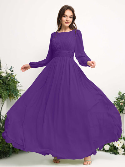 Carlyna Boat Neck Long Sleeve Chiffon Maxi Dress | Elegant A-Line Bridesmaid & Wedding Guest Dress Side View 5 #color_regency
