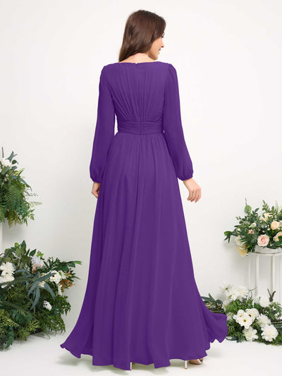 Carlyna Boat Neck Long Sleeve Chiffon Maxi Dress | Elegant A-Line Bridesmaid & Wedding Guest Dress Back View #color_regency