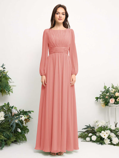 Carlyna Boat Neck Long Sleeve Chiffon Maxi Dress | Elegant A-Line Bridesmaid & Wedding Guest Dress Front View #color_peach-pink