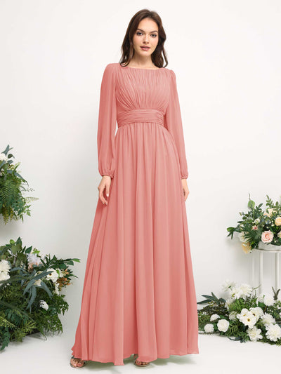 Carlyna Boat Neck Long Sleeve Chiffon Maxi Dress | Elegant A-Line Bridesmaid & Wedding Guest Dress Side View 2 #color_peach-pink