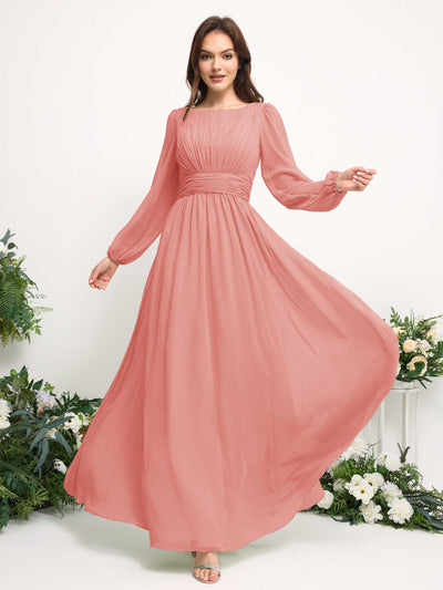 Carlyna Boat Neck Long Sleeve Chiffon Maxi Dress | Elegant A-Line Bridesmaid & Wedding Guest Dress Side View 3 #color_peach-pink
