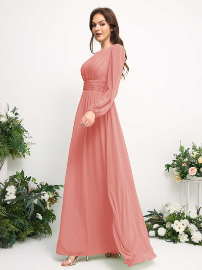 Carlyna Boat Neck Long Sleeve Chiffon Maxi Dress | Elegant A-Line Bridesmaid & Wedding Guest Dress Side View 4 #color_peach-pink