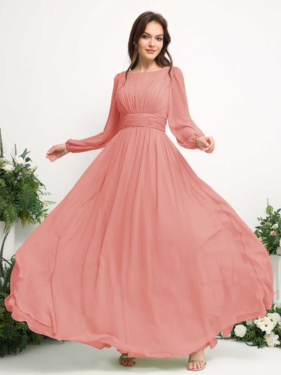 Carlyna Boat Neck Long Sleeve Chiffon Maxi Dress | Elegant A-Line Bridesmaid & Wedding Guest Dress Side View 5 #color_peach-pink