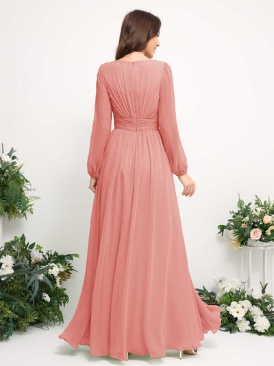 Carlyna Boat Neck Long Sleeve Chiffon Maxi Dress | Elegant A-Line Bridesmaid & Wedding Guest Dress Back View #color_peach-pink