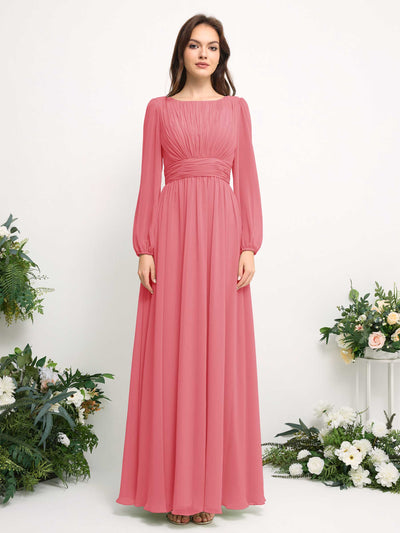 Carlyna Boat Neck Long Sleeve Chiffon Maxi Dress | Elegant A-Line Bridesmaid & Wedding Guest Dress Front View #color_coral-pink