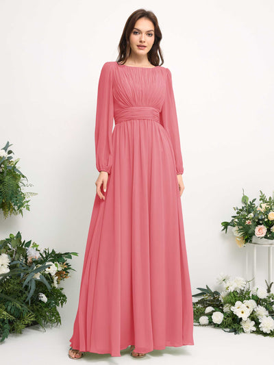 Carlyna Boat Neck Long Sleeve Chiffon Maxi Dress | Elegant A-Line Bridesmaid & Wedding Guest Dress Side View 2 #color_coral-pink