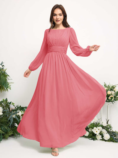 Carlyna Boat Neck Long Sleeve Chiffon Maxi Dress | Elegant A-Line Bridesmaid & Wedding Guest Dress Side View 3 #color_coral-pink