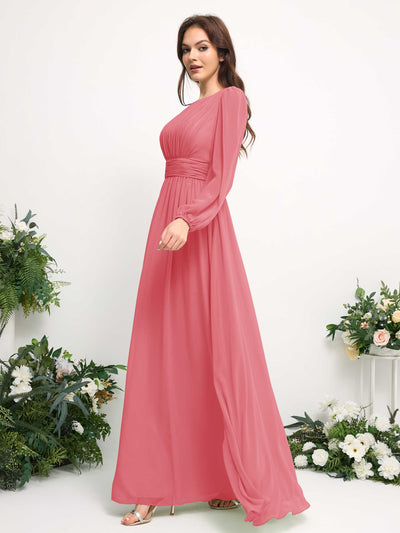 Carlyna Boat Neck Long Sleeve Chiffon Maxi Dress | Elegant A-Line Bridesmaid & Wedding Guest Dress Side View 4 #color_coral-pink