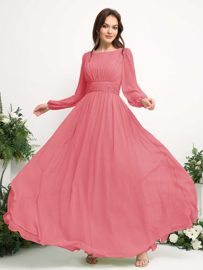 Carlyna Boat Neck Long Sleeve Chiffon Maxi Dress | Elegant A-Line Bridesmaid & Wedding Guest Dress Side View 5 #color_coral-pink