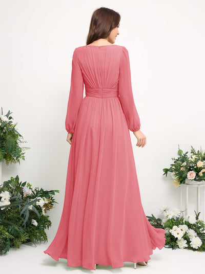 Carlyna Boat Neck Long Sleeve Chiffon Maxi Dress | Elegant A-Line Bridesmaid & Wedding Guest Dress Back View #color_coral-pink