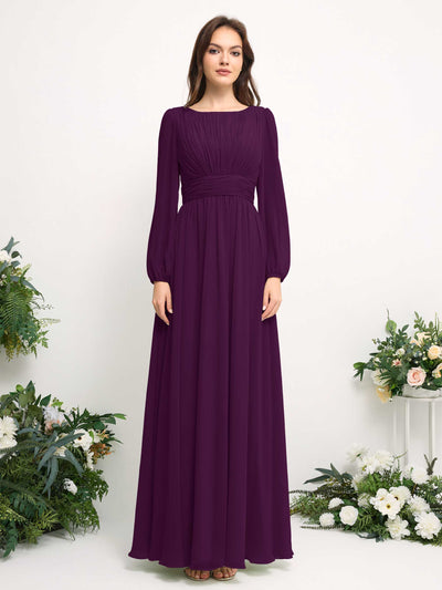 Carlyna Boat Neck Long Sleeve Chiffon Maxi Dress | Elegant A-Line Bridesmaid & Wedding Guest Dress Front View #color_grape