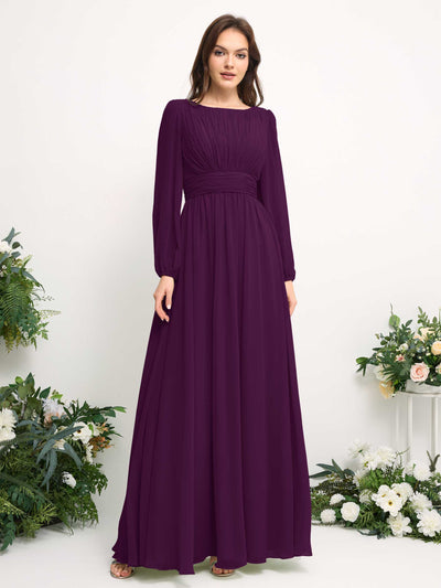 Carlyna Boat Neck Long Sleeve Chiffon Maxi Dress | Elegant A-Line Bridesmaid & Wedding Guest Dress Side View 2 #color_grape